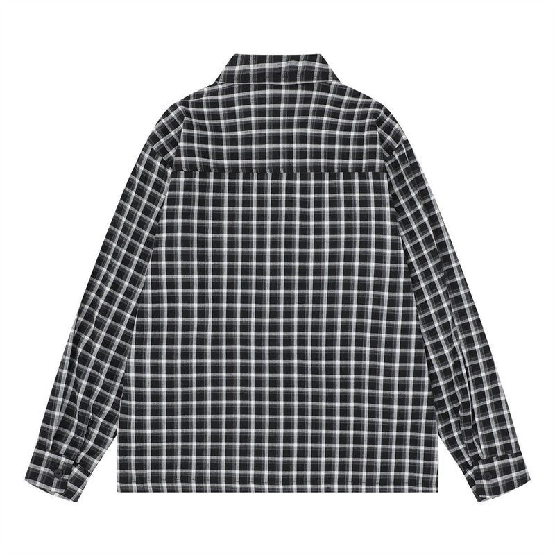 Plaid Long Sleeve Shirt – Oversized Fit with Raw-Edge Appliqué Detail