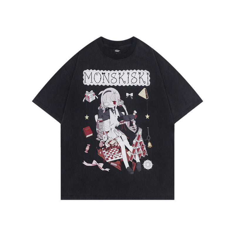 Anime-Grafik Oversized Rundhals-T-Shirt – Monskiski Chess-Girl-Print