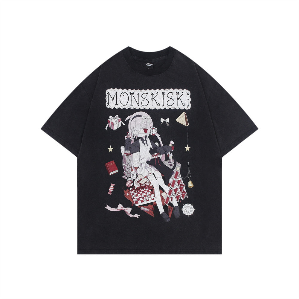 Anime-Grafik Oversized Rundhals-T-Shirt – Monskiski Chess-Girl-Print