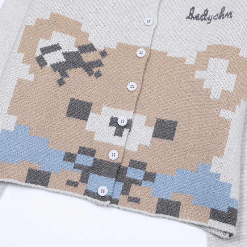Pixel Bear Jacquard Knit Cardigan Sweater – Round Neck Button-Front