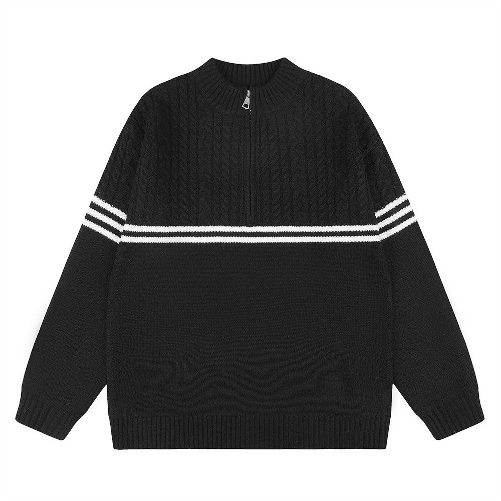 Herren-Pullover mit Reißverschluss – Cable-Knit-Half-Zip mit Streifen