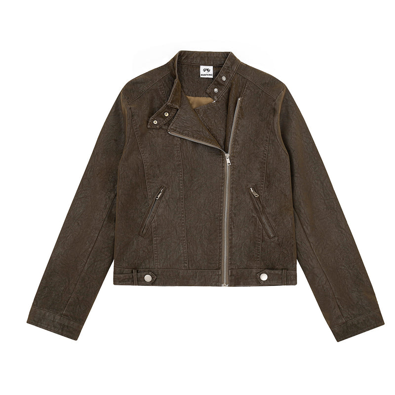 Cropped Moto Biker Jacket – Asymmetric Zip PU Leather Rider Coat