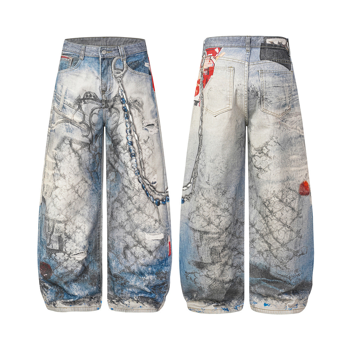 Jean baggy à jambes larges avec imprimé 3D – Denim délavé à ourlet incurvé