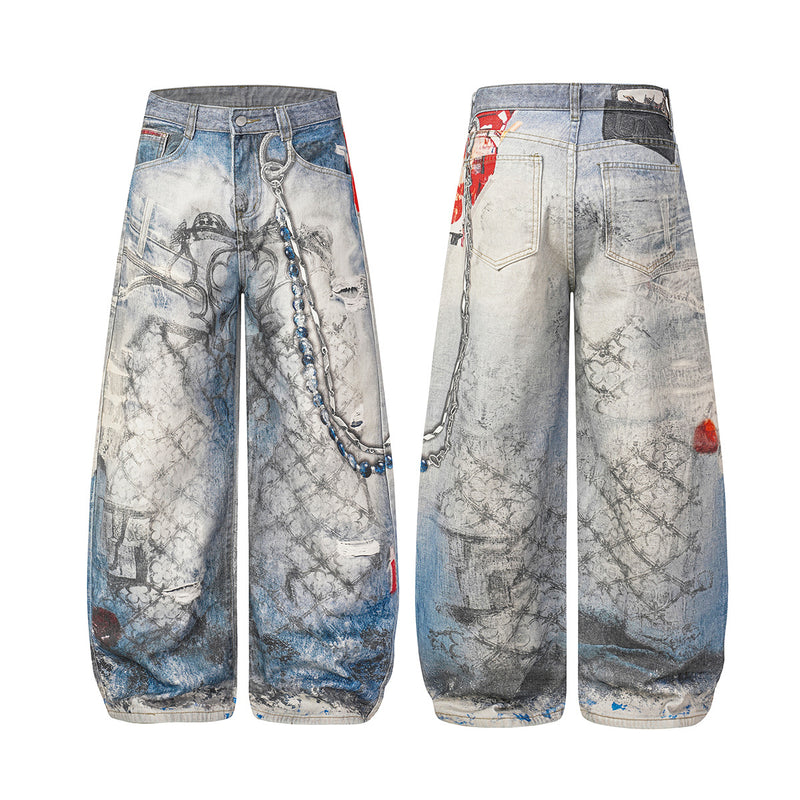 Jean baggy à jambes larges avec imprimé 3D – Denim délavé à ourlet incurvé