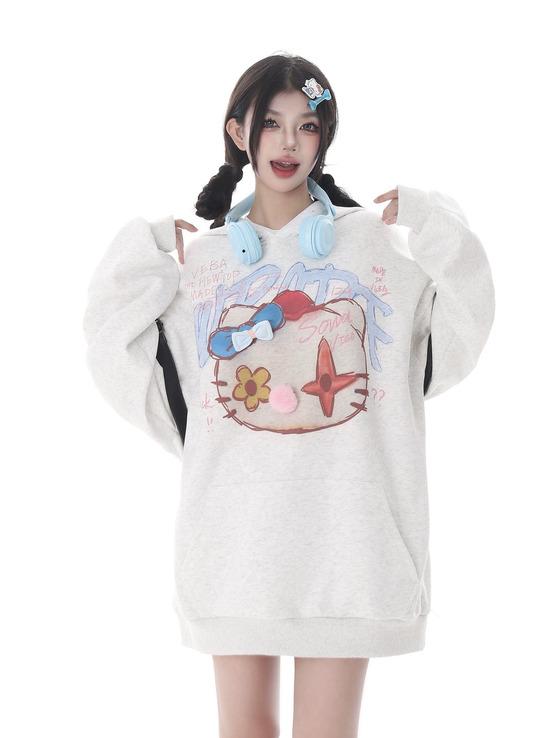 Kawaii Pom-Pom Crown Hoodie – Cute Grey Hoodie with Unique Cat Graphic and 3D Pom Details