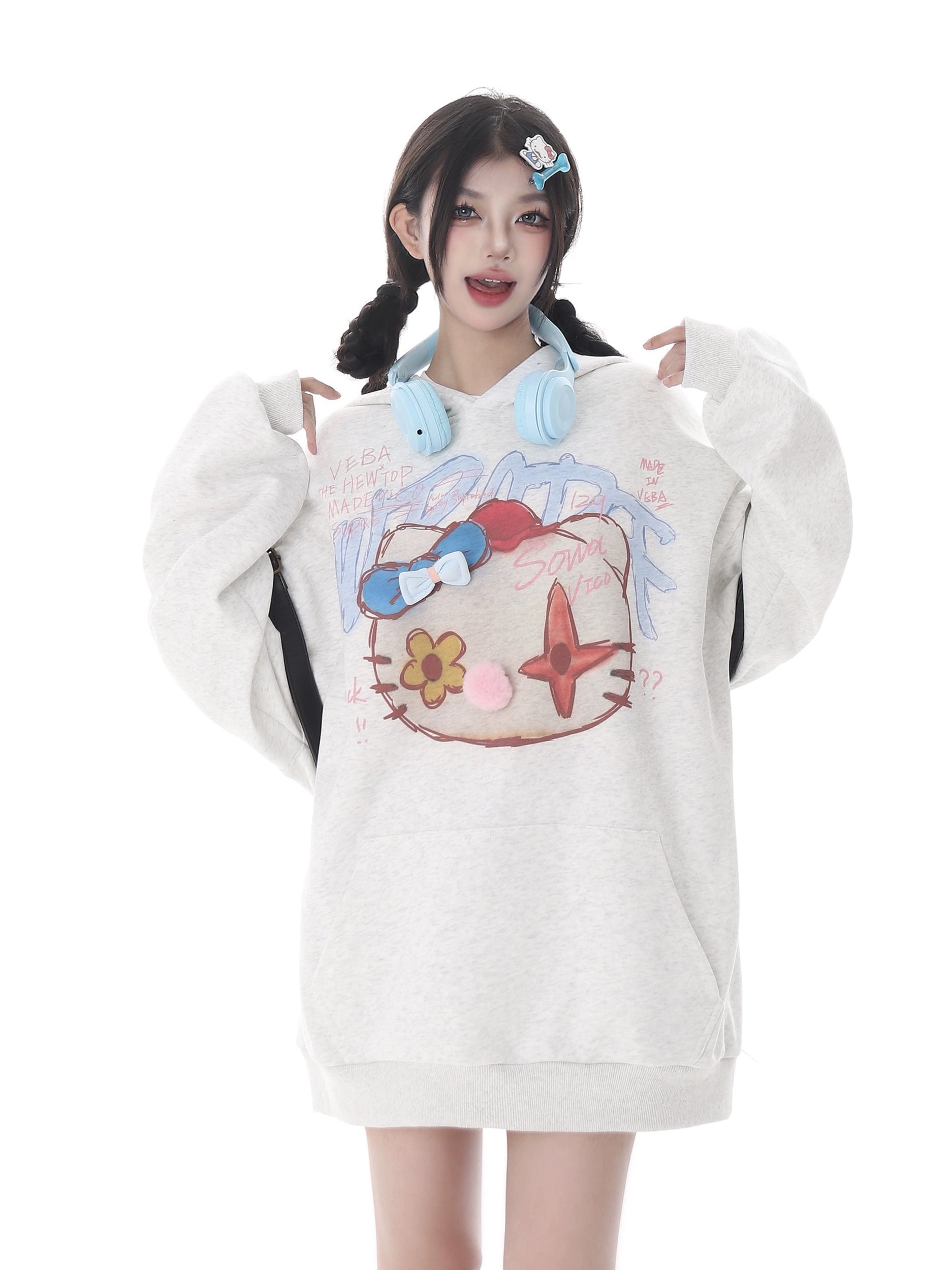 Kawaii Pom-Pom Crown Hoodie – Cute Grey Hoodie with Unique Cat Graphic and 3D Pom Details