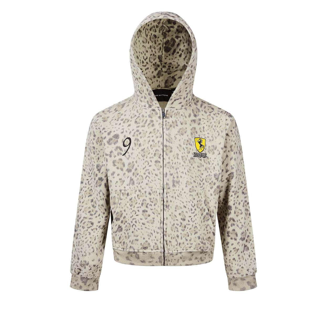 Sweat à capuche oversize zippé beige à imprimé léopard, écusson bouclier brodé et motif graphique numéro 9, vue de face