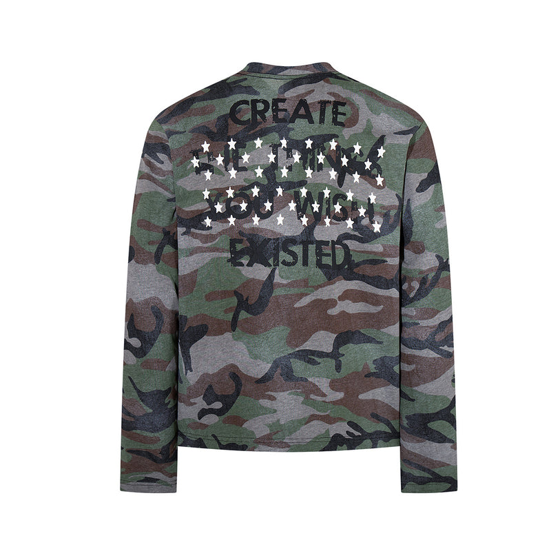 Long Sleeve Camo Graphic Tee – Cross & American Flag Stars Print, Crew Neck
