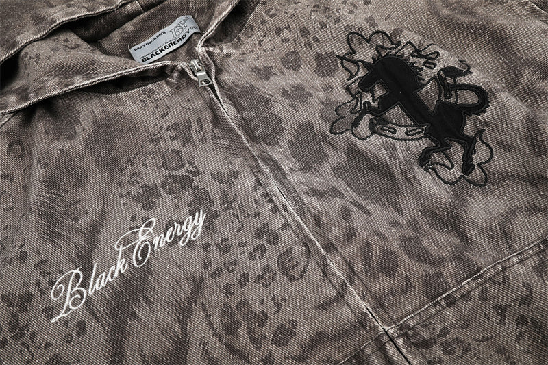 Leopard Tie-Dye Washed Denim Hooded Jacket – Oversized Punk Vintage Zip-Up