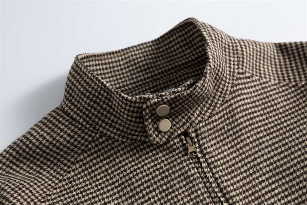 Houndstooth Wool-Blend Stand Collar Jacket – Men's Relaxed Fit Retro Bomber