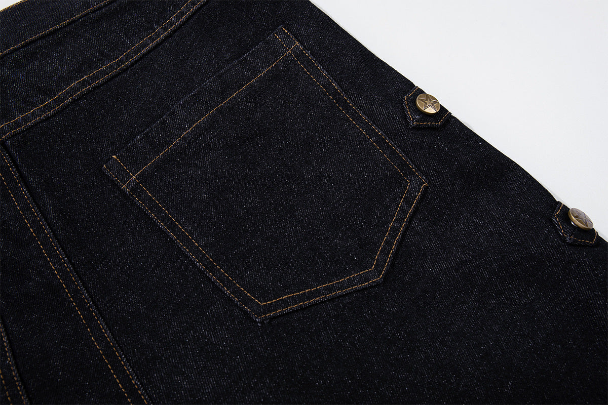 Jean brut baggy à jambes larges, pantalon cargo avec braguette à boutons dorés et détails cloutés
