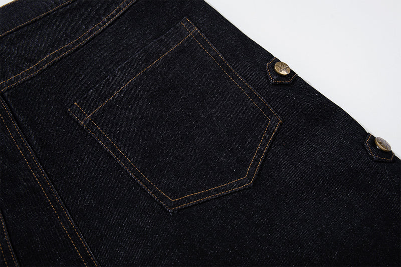 Jean brut baggy à jambes larges, pantalon cargo avec braguette à boutons dorés et détails cloutés