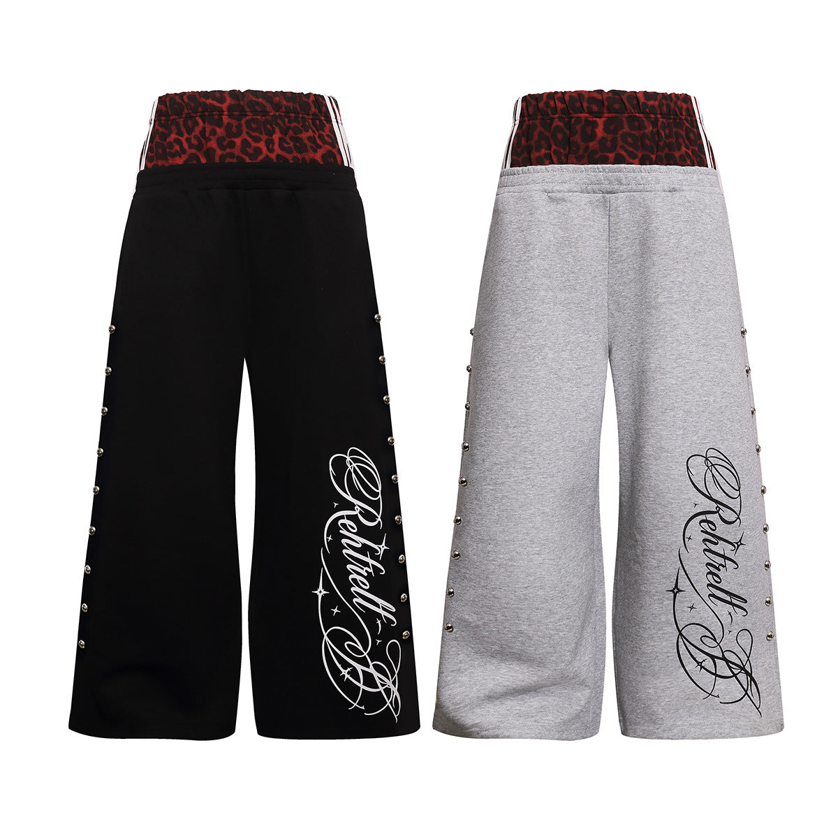 Wide-Leg-Jogginghose mit Leo-Print-Bund & seitlichen Nieten