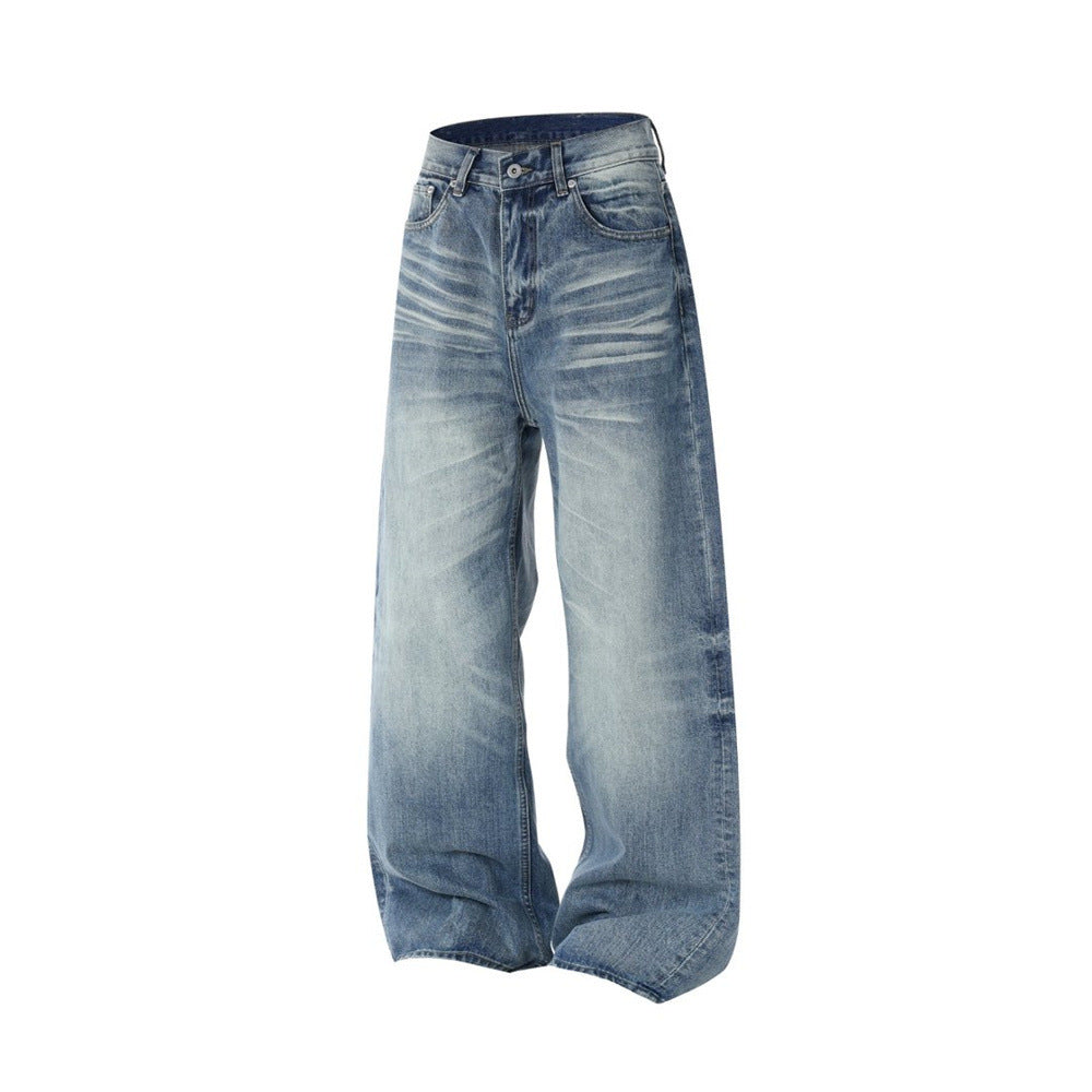 Men's Relaxed Fit Jeans Wide Leg Washed Vintage Blue Baggy Denim