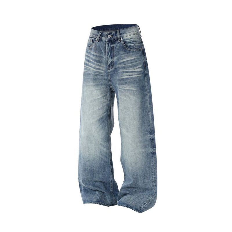 Men's Relaxed Fit Jeans Wide Leg Washed Vintage Blue Baggy Denim