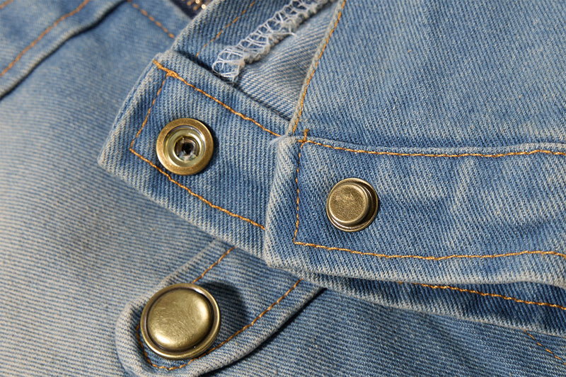 Military-Style Washed Denim Jacket – Stand Collar, Double-Breasted Button Detail