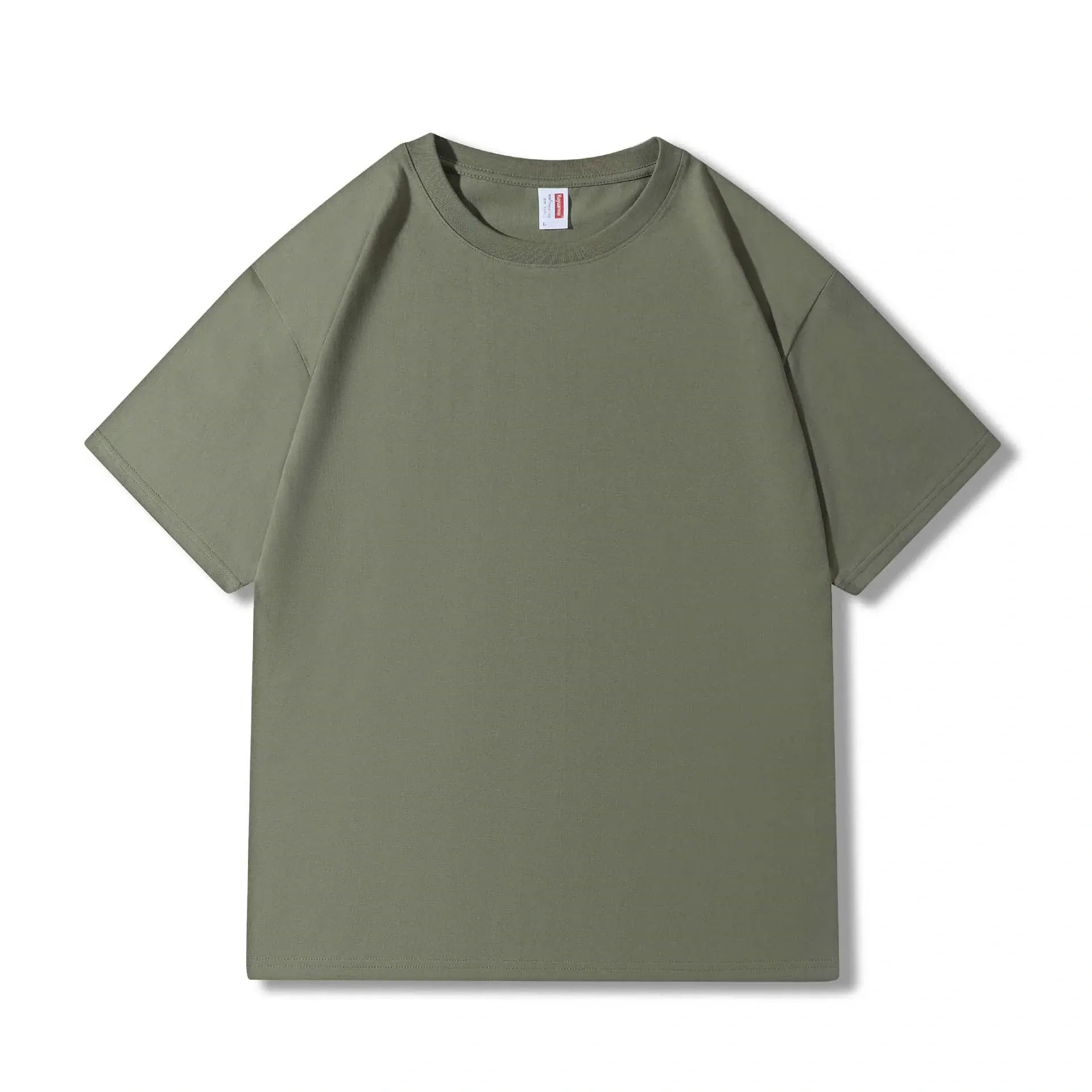 The Custom Anime Character Olive Green T-Shirt is a 230GSM 100% cotton tee, laid flat on a white background—perfect for personalizing with your favorite anime design or creating a unique custom look.