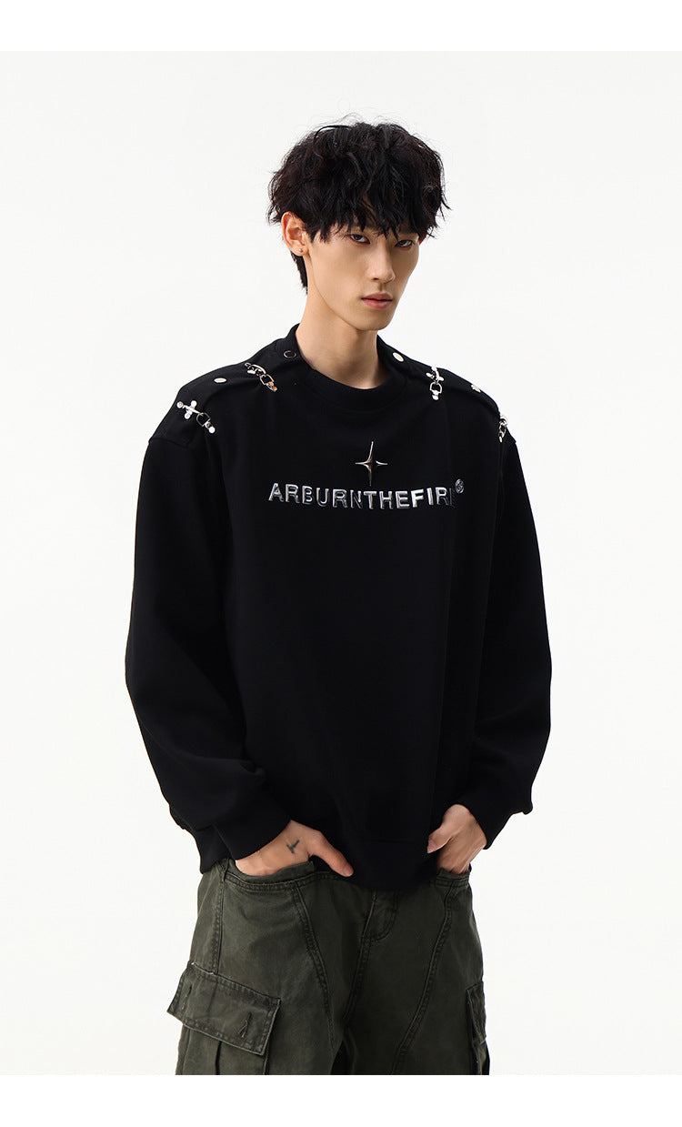 Sweat-shirt punk streetwear à col rond avec anneaux métalliques sur les épaules