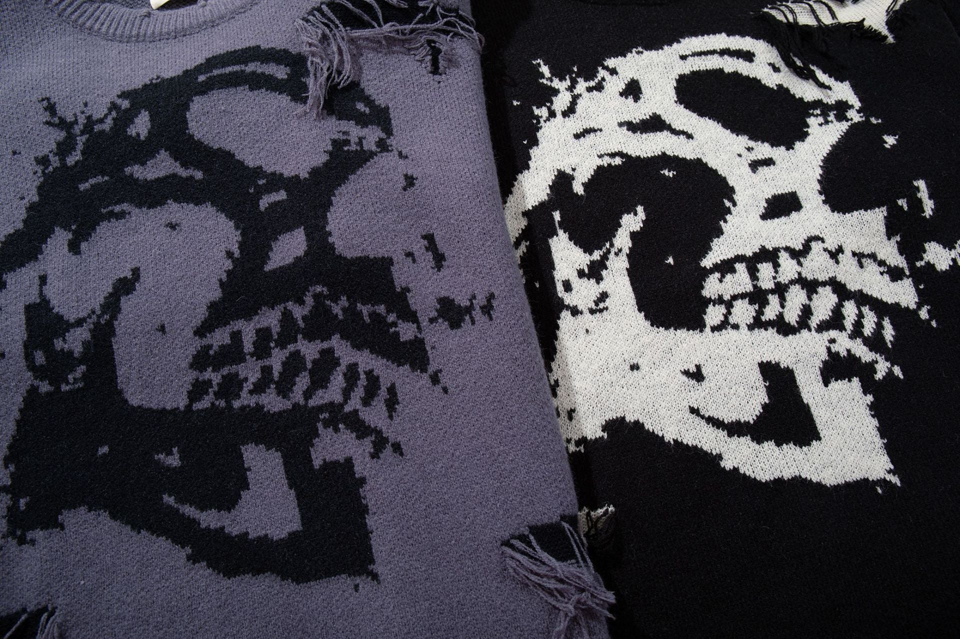 Men's Skull Jacquard Distressed Knit Sweater – Oversized Crewneck