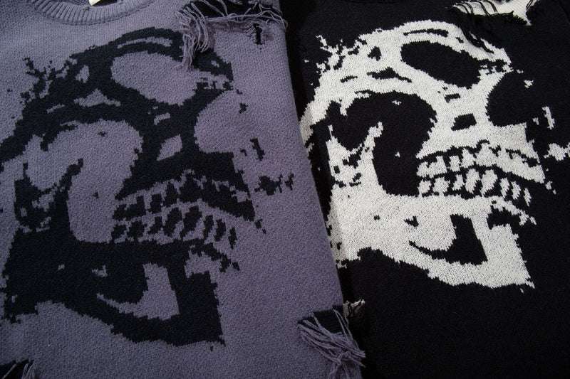 Men's Skull Jacquard Distressed Knit Sweater – Oversized Crewneck