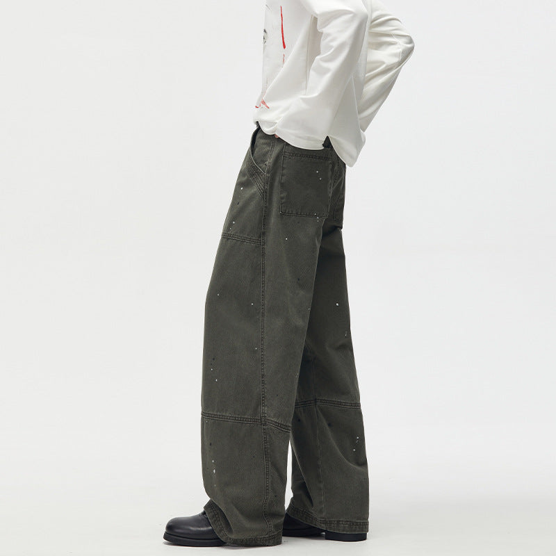 Baggy Cargo Pants Men – Olive Green Paint-Splatter Deconstructed Workwear