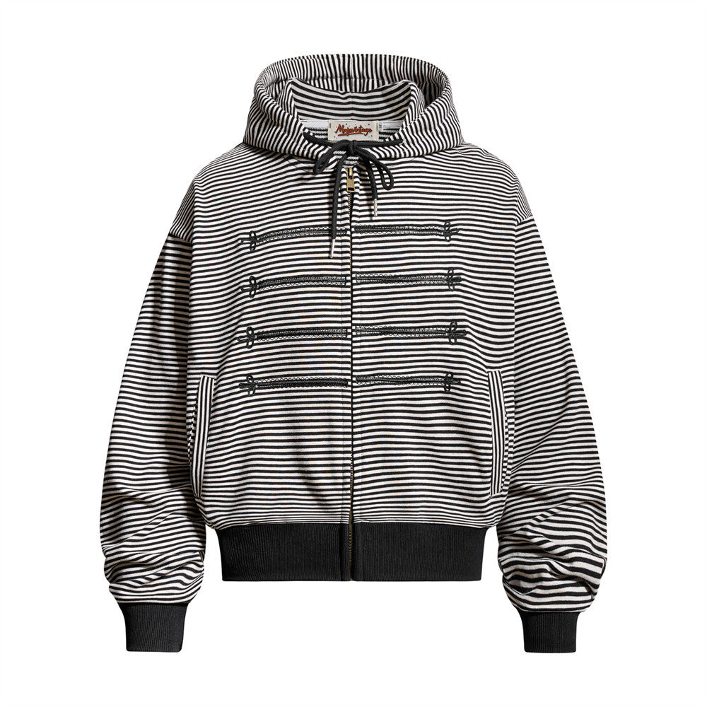 Sudadera oversize de hombre con cremallera y rayas, detalle bordado en el pecho y puños de canalé, en rayas negras y blancas