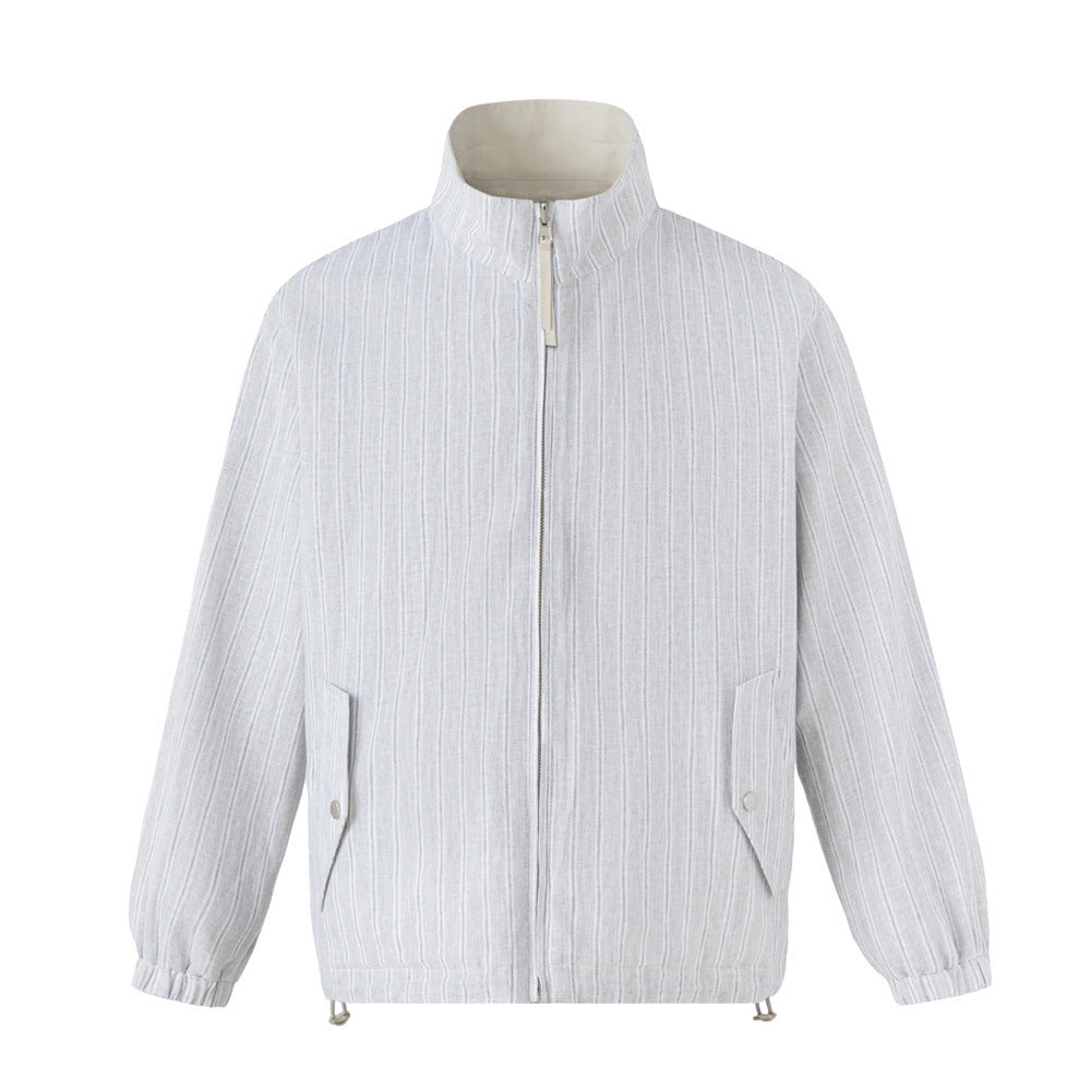 Reversible Stand Collar Zip Jacket – Cream & Pinstripe Oversized Fit