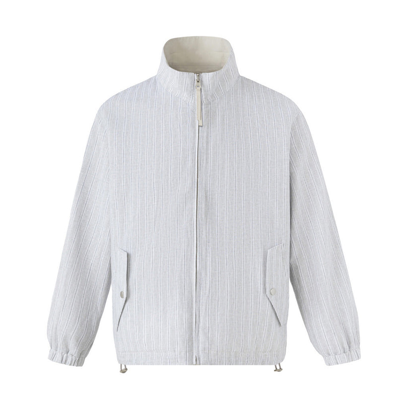 Reversible Stand Collar Zip Jacket – Cream & Pinstripe Oversized Fit