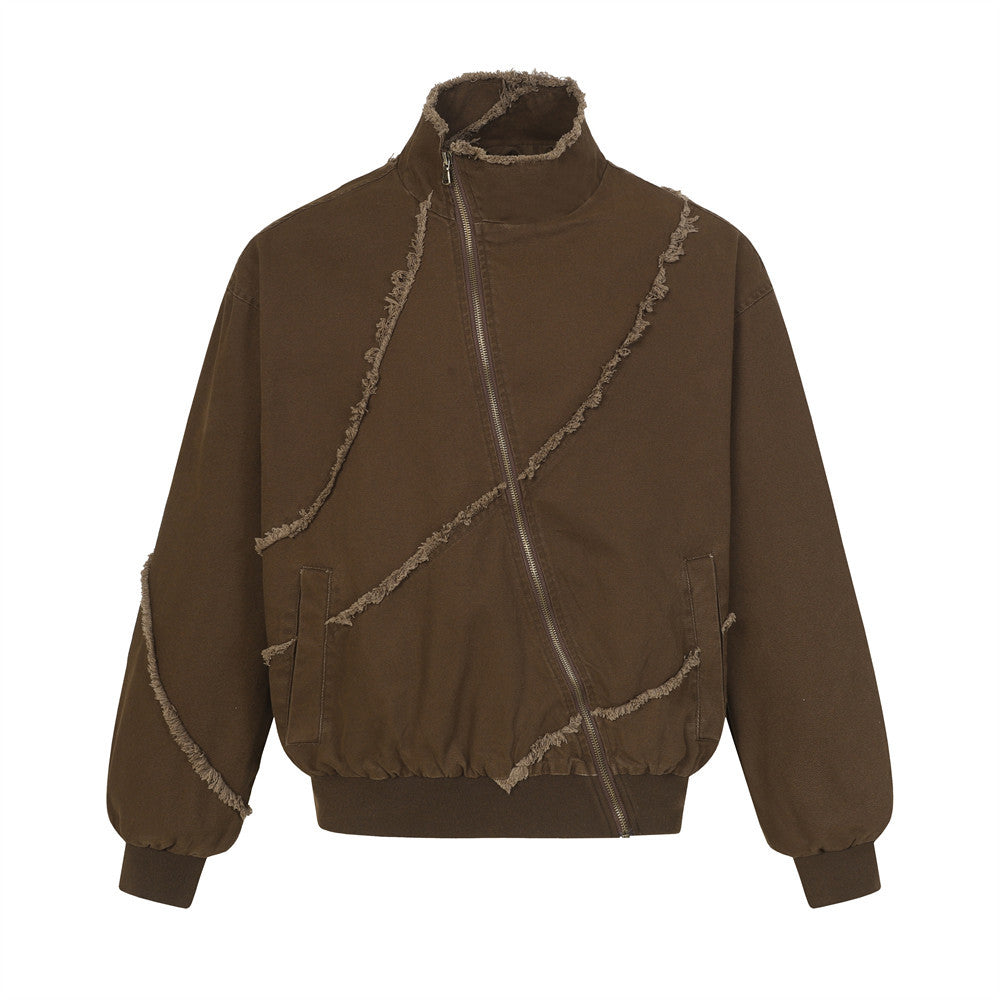 Blouson bomber déconstruit en toile, avec coutures diagonales effilochées et fermeture asymétrique, marron foncé, vues de face et de dos