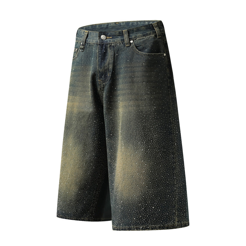 Wide-Leg Rhinestone Denim Shorts – Vintage Washed Straight-Cut Bermuda