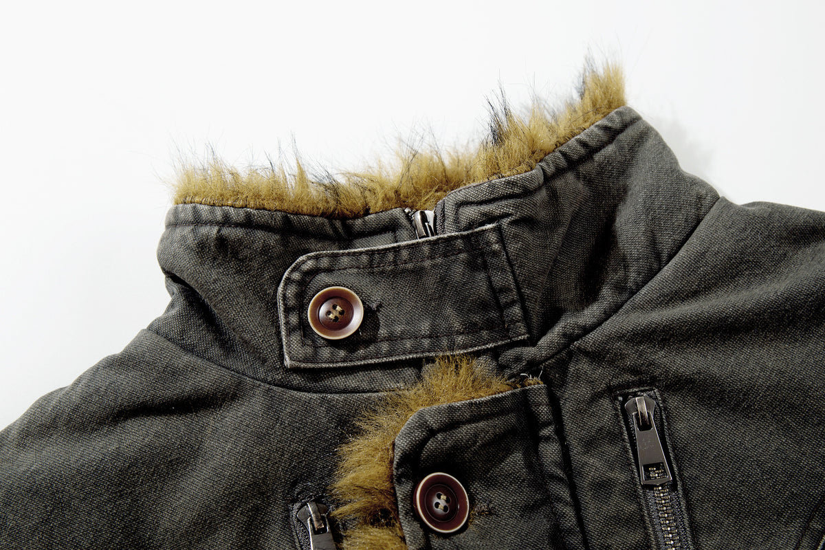 Washed Denim Fur-Collar Padded Jacket – Fleece-Lined Workwear Bomber