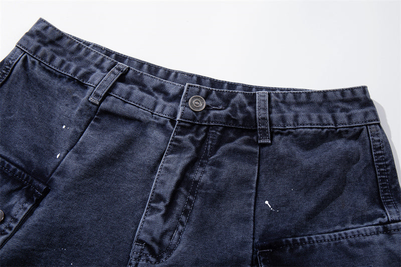 Paint Splatter Cargo Denim Shorts – Wide-Leg Washed Streetwear