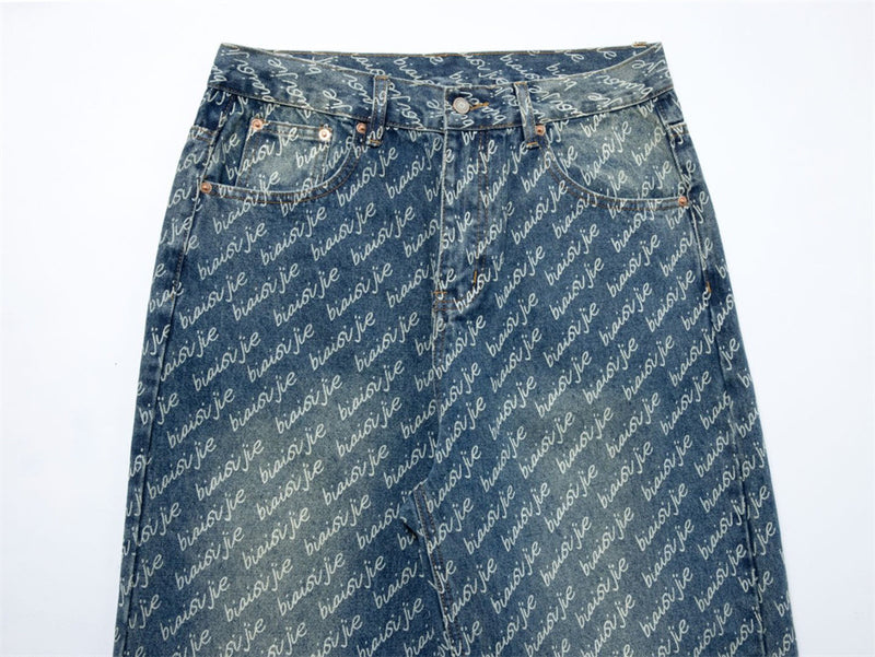 Men's Wide-Leg Jeans – Allover Script Letter Print, Loose Straight Fit