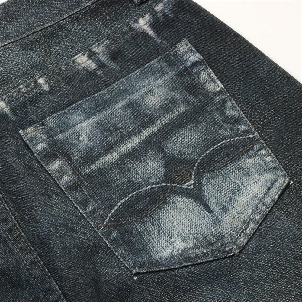 Loose Jeans for Men – Graffiti 3D Print Wide-Leg Dark Wash Denim