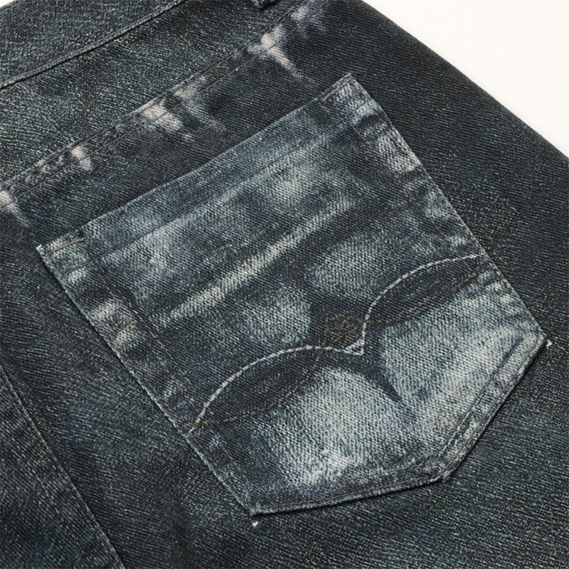 Loose Jeans for Men – Graffiti 3D Print Wide-Leg Dark Wash Denim