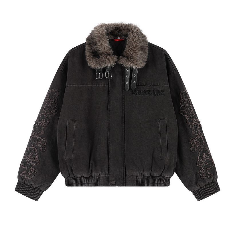 Fur Collar Bomber Jacket with Gothic Letter Embroidery & Quilted Lining