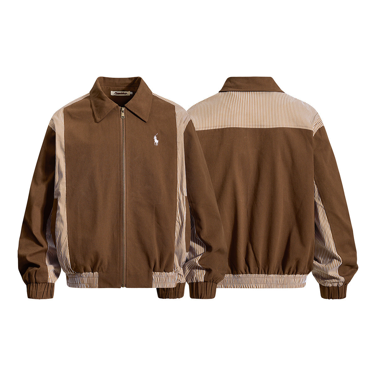 Retro Colorblock-Zip-Jacke – Bomberjacke in Braun mit gestreiftem Einsatz