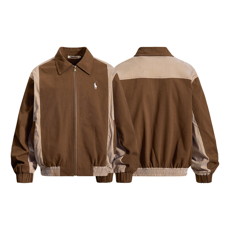 Retro Colorblock-Zip-Jacke – Bomberjacke in Braun mit gestreiftem Einsatz