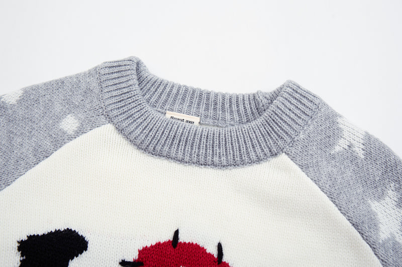 Pull marron à col rond – Maille color-block chats cartoon et étoiles
