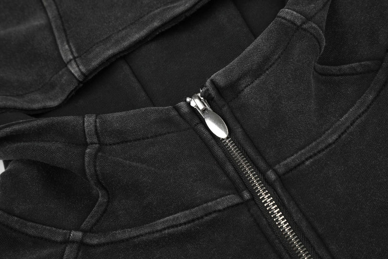 Cross Print Washed Zip-Up Hoodie – Cropped Black Streetwear Jacket