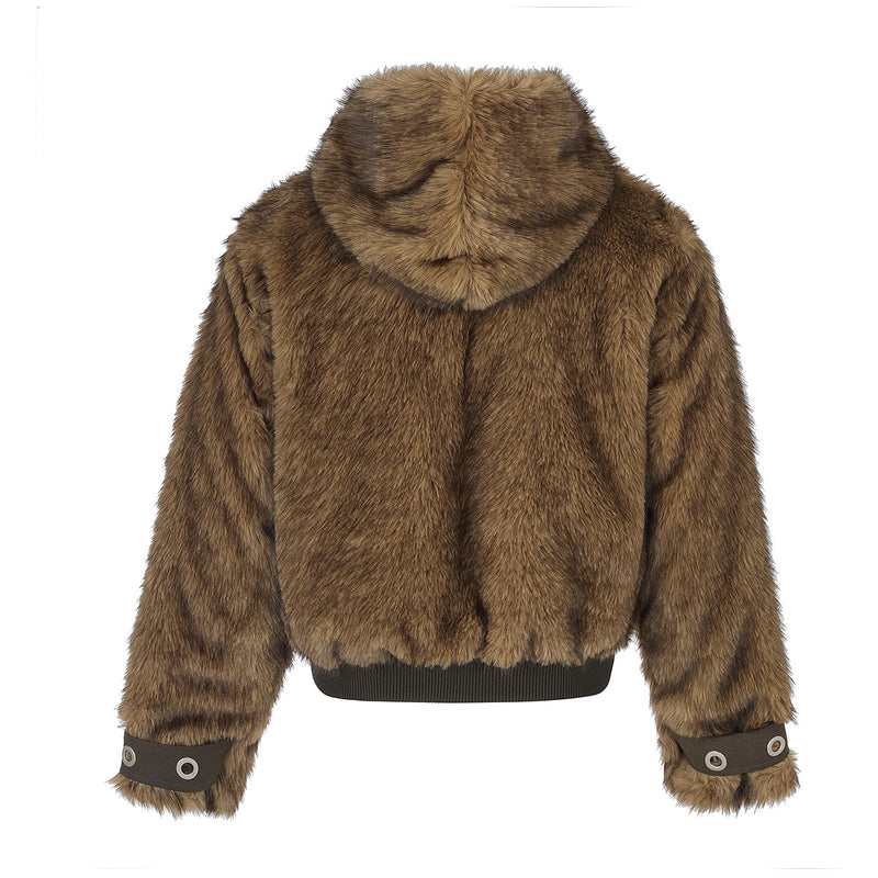 Faux Fur Hooded Bomber Jacket – Brown Oversized Winter Coat with Grommet Cuffs