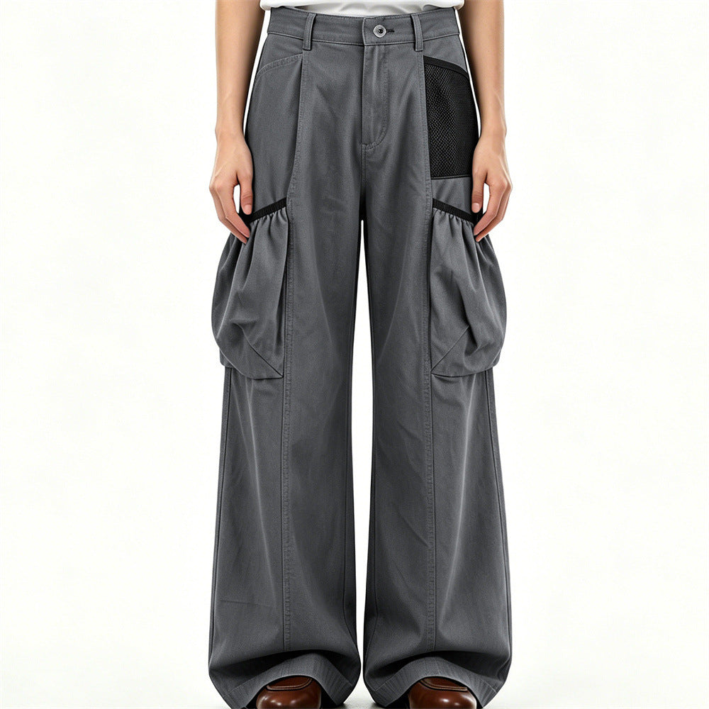 Men's wide-leg cargo pants with oversized gathered bubble pockets and black mesh panel detail in iron grey