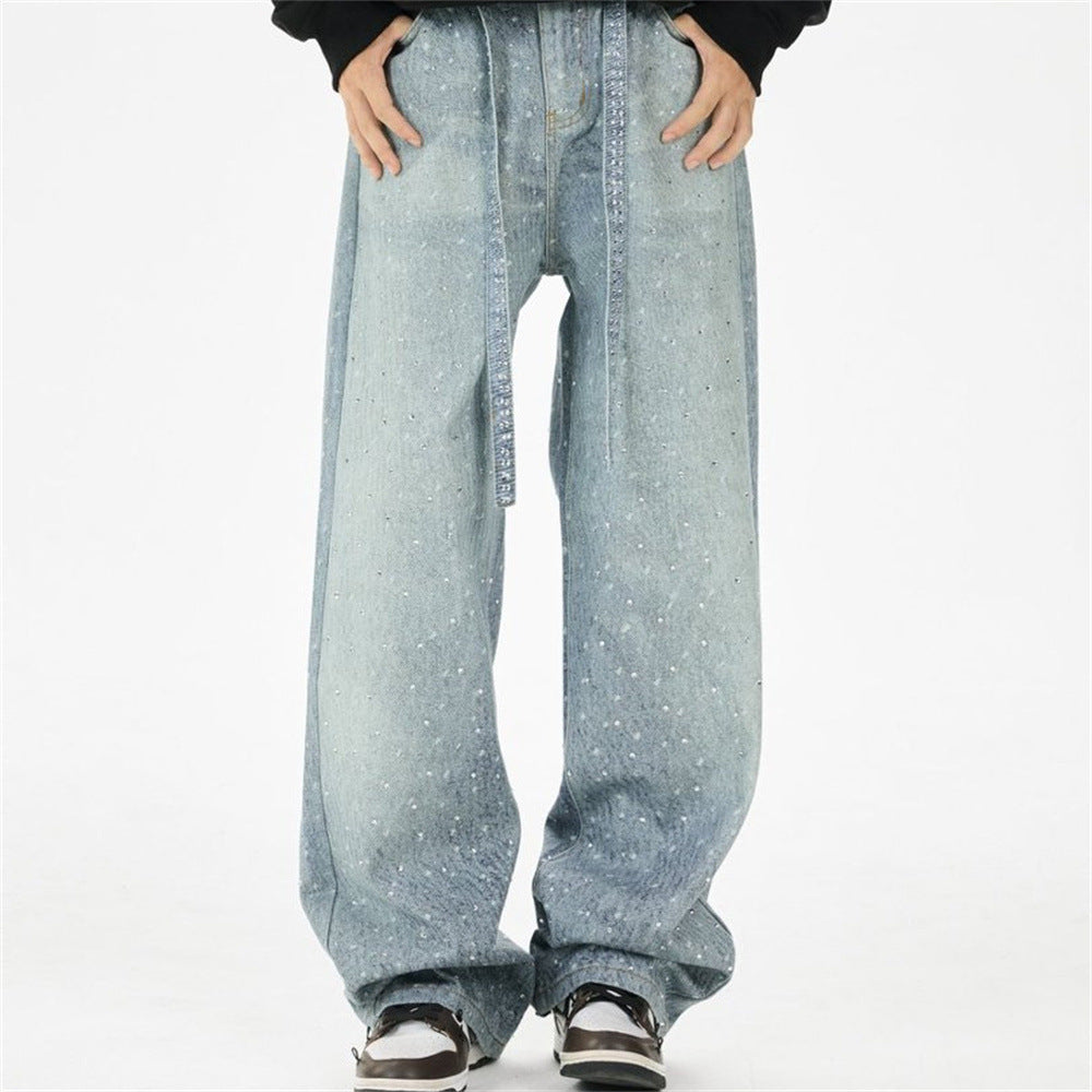 Y2K Baggy Jeans Mens Wide-Leg Rhinestone Embellished Denim Pants