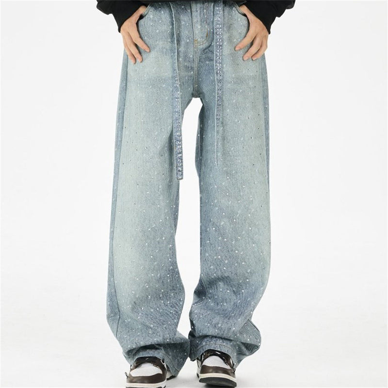 Y2K Baggy Jeans Mens Wide-Leg Rhinestone Embellished Denim Pants