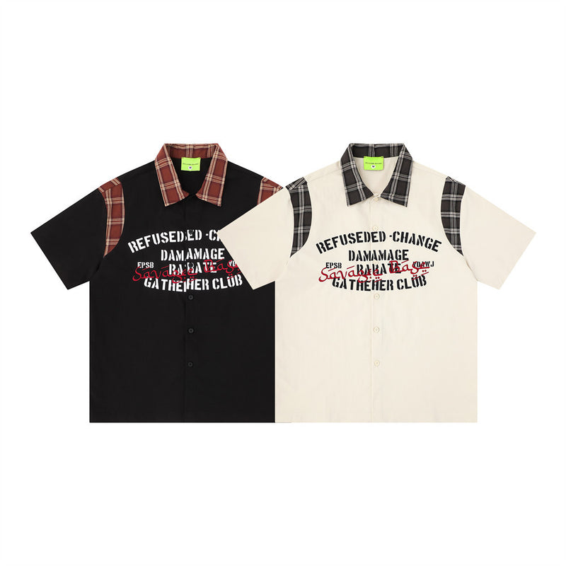 American Streetwear Plaid Patchwork Short Sleeve Shirt