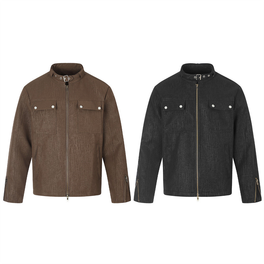 Casual Jacket for Men – Relaxed Fit Stand Collar Moto Jacket with Dual Zip &