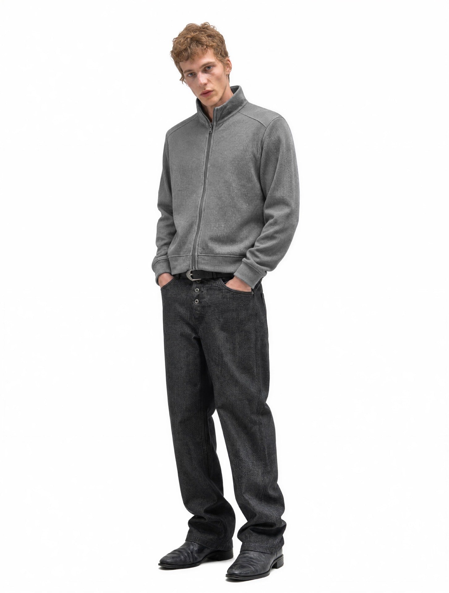 Veste homme côtelée zippée à col montant – Style sportswear vintage délavé