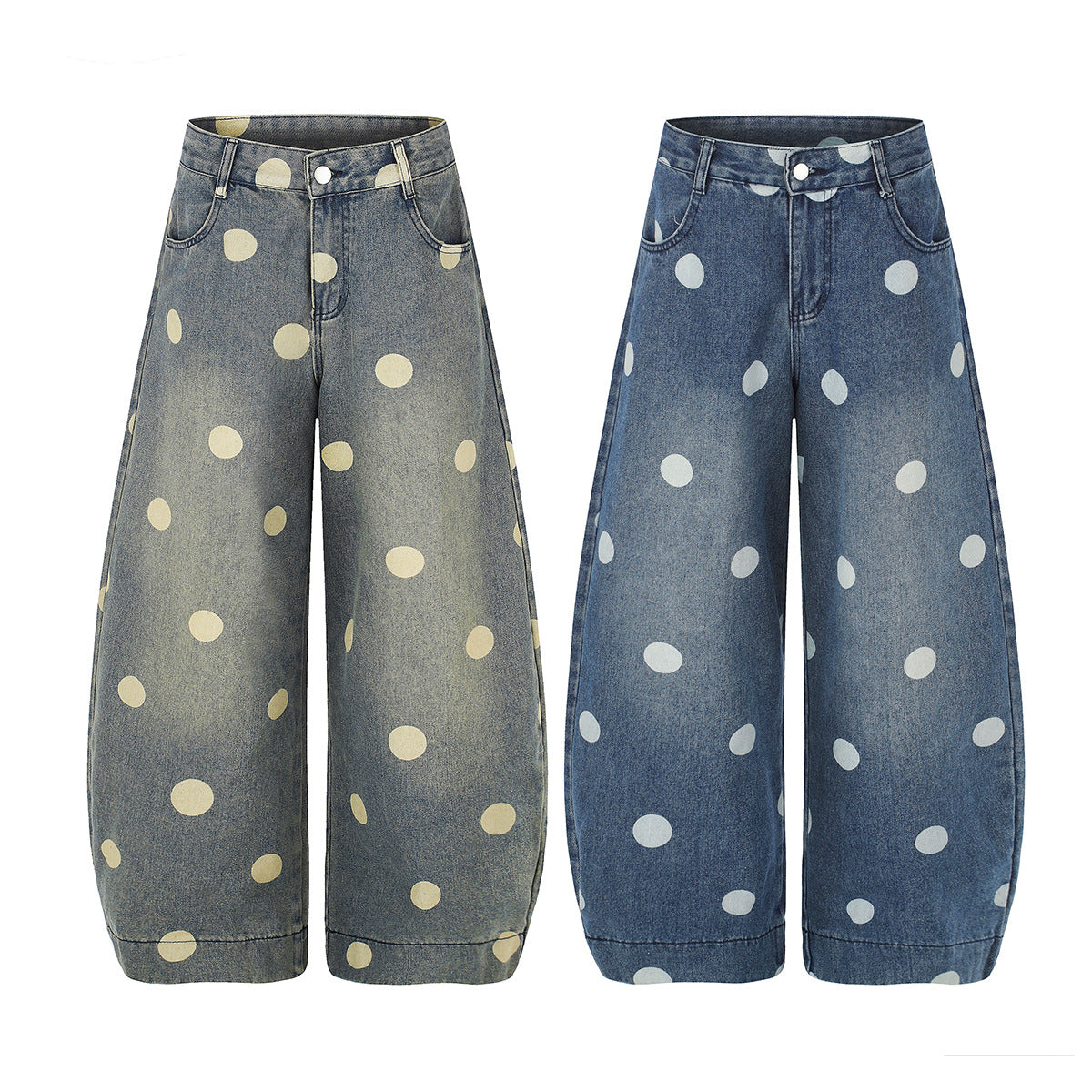 Baggy Mid Rise Jeans Wide-Leg Polka Dot Y2K Denim Pants