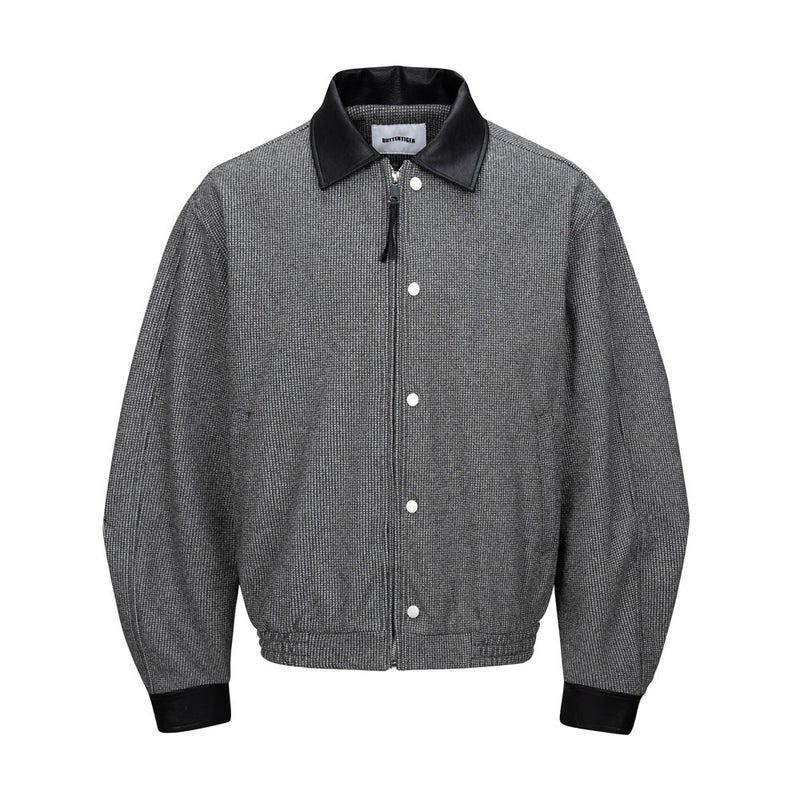 Men's Houndstooth Wool-Blend Bomber Jacket with Leather Collar & Cuffs