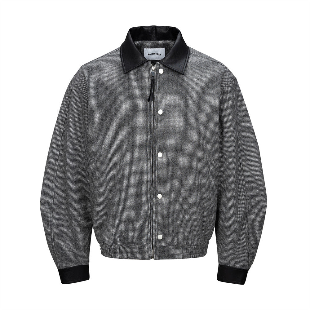 Men's Houndstooth Wool-Blend Bomber Jacket with Leather Collar & Cuffs